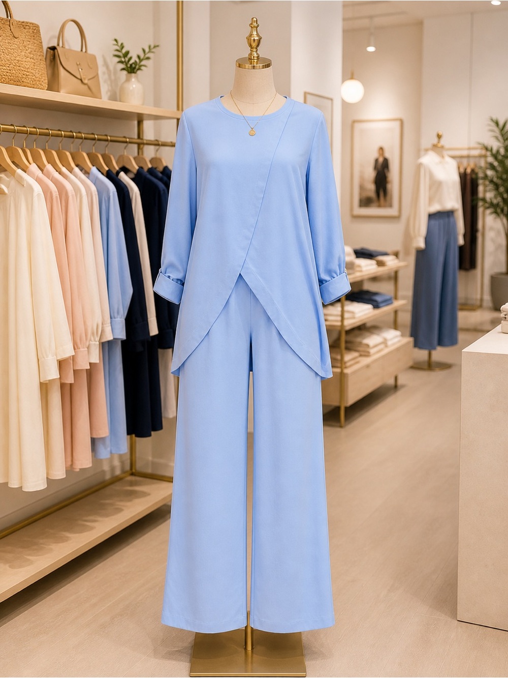 Full Size Slit Round Neck Long Sleeve Top and Pants Set - Size Large
